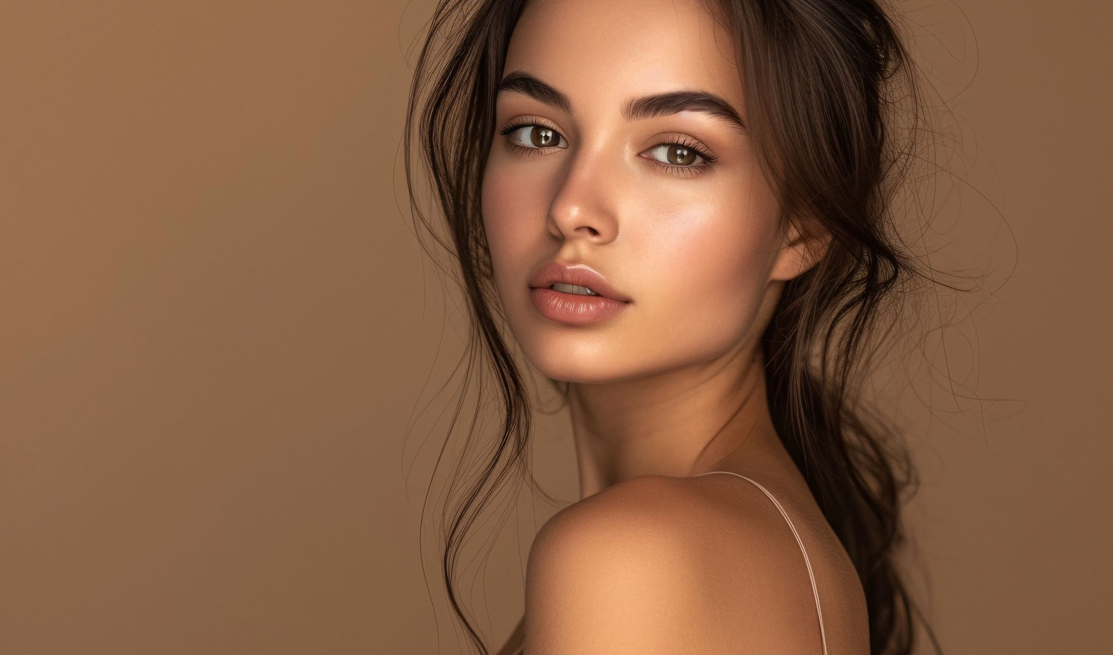 Smiling woman with wet hair and clear skin.
