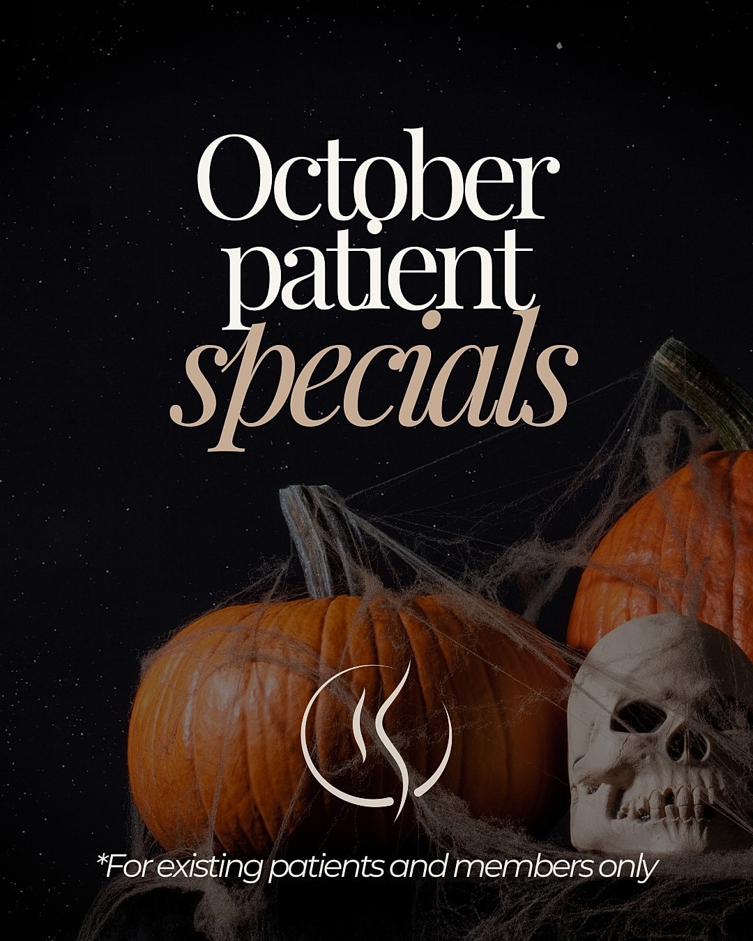 October patient specials with pumpkins and skull.